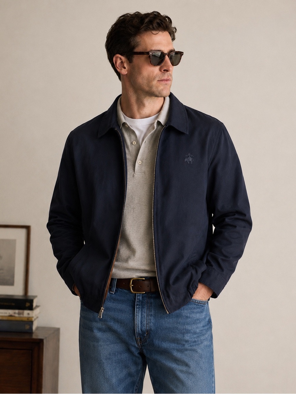 Men’s L Wool Blend Harrington Blouson Jacket Navy Bomber Brooks Brothers Lined